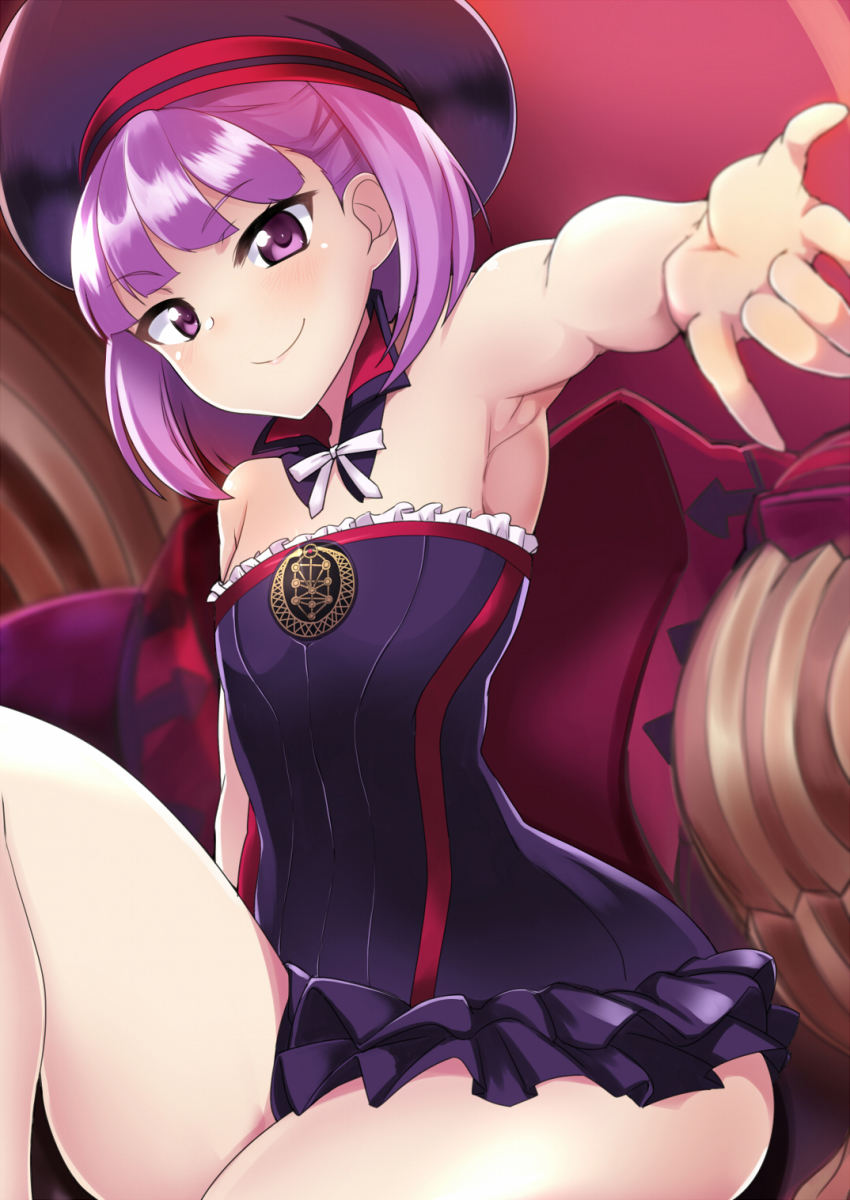 1girl, armpits, bare_shoulders, blurry, blush, commentary_request, depth_of_field, fate/grand_order