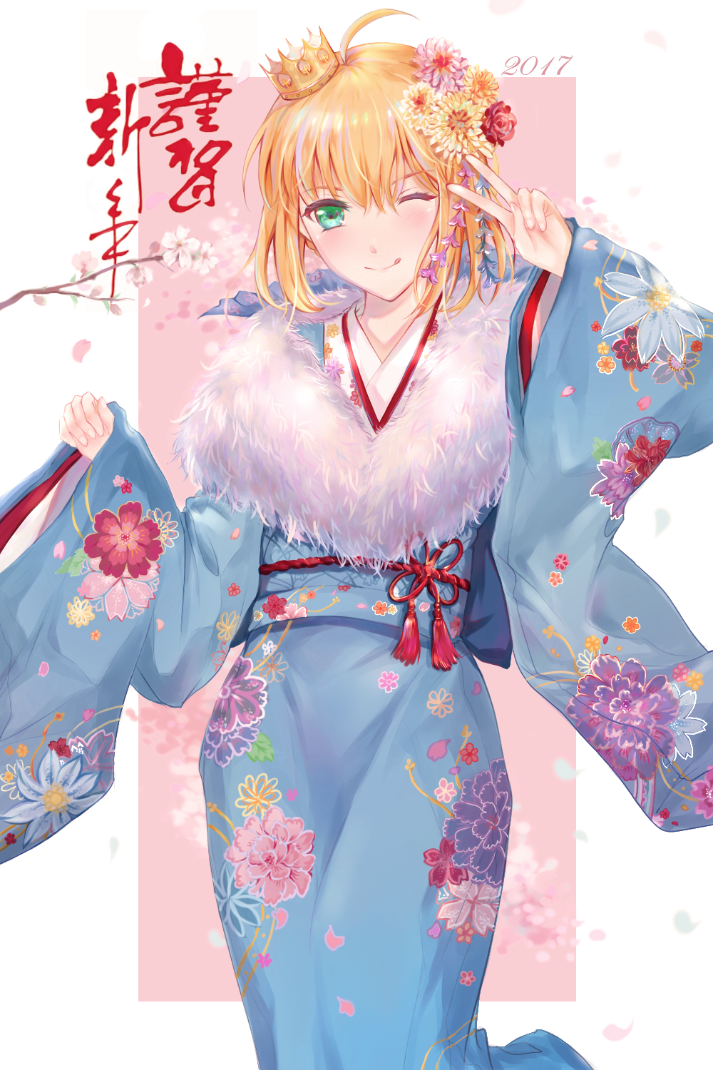 1girl, 2017, :q, ahoge, artoria_pendragon_(fate), blonde_hair, blue_kimono, commentary_request