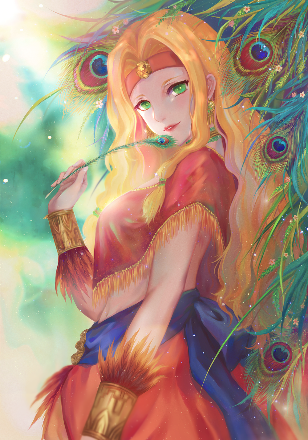 1girl, blonde_hair, blush, bracer, choker, circlet, commentary_request, earrings, fate/grand_order, fate_(series), feathers, female_focus, flower, green_eyes, headband, highres, holding, holding_feather, jewelry, lapis_(13567118), light_particles, lips, long_hair, looking_at_viewer, looking_to_the_side, midriff, navel, parted_bangs, parted_lips, peacock_feathers, quetzalcoatl_(fate), red_lips, solo, sparkle