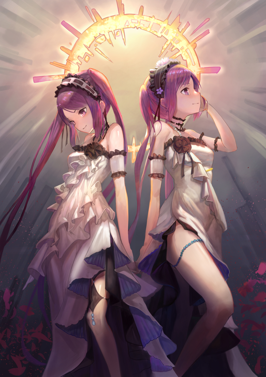 2girls, absurdres, armband, back-to-back, bare_shoulders, beads, blush, choker