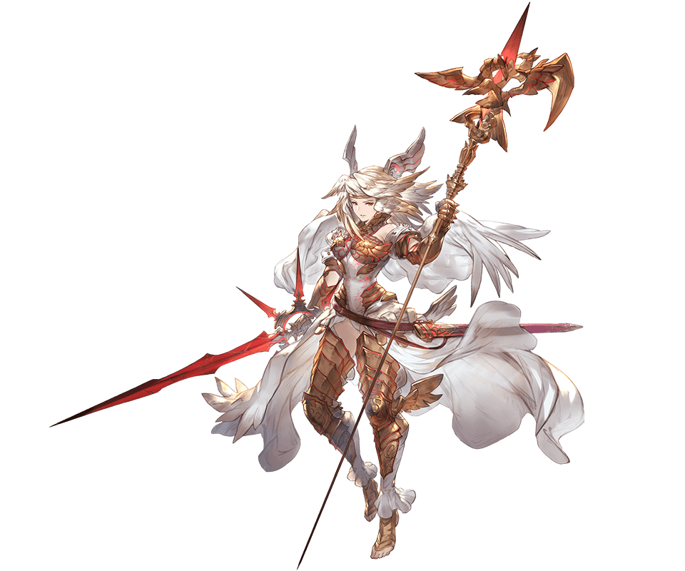 10s, 1girl, armor, breastplate, female_focus, full_body, gauntlets, granblue_fantasy, helmet, holding, holding_sword, holding_weapon, long_hair, looking_at_viewer, michael_(granblue_fantasy), minaba_hideo, official_art, overskirt, polearm, red_eyes, sheath, smile, solo, spear, standing, standing_on_one_leg, sword, thighhighs, transparent_background, weapon, white_hair