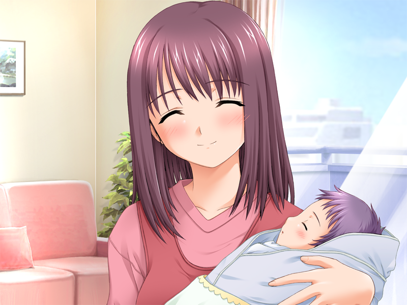 1girl, ^_^, baby, blush, brown_hair, closed_eyes, couch, female_focus