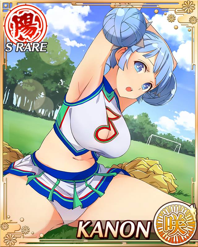 10s, 1girl, blue_eyes, blue_hair, breasts, card_(medium), character_name, cheerleader