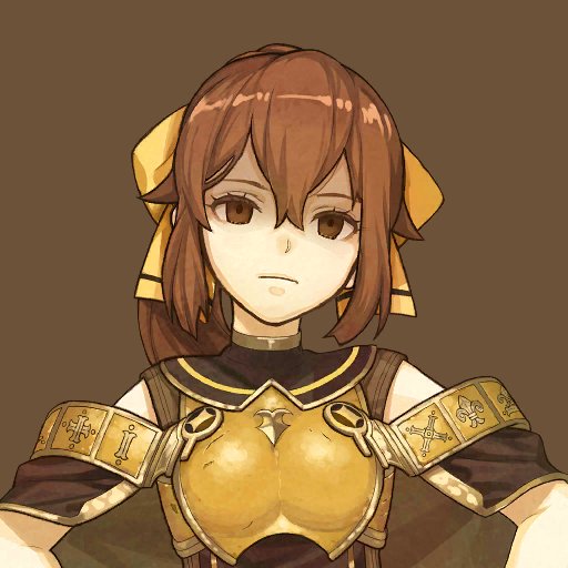 1girl, armor, bow, breastplate, brown_background, brown_eyes, brown_hair, delthea_(fire_emblem), delthea_(tatarrah's_puppet)_(fire_emblem), female_focus, fire_emblem, fire_emblem_echoes:_shadows_of_valentia, hidari_(left_side), hypnosis, long_hair, mind_control, nintendo, official_art, ponytail, portrait, simple_background, solo