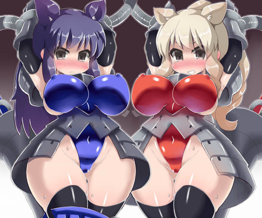 10s, 2girls, animal_ears, armor, black_eyes, black_rhinoceros_(kemono_friends), blonde_hair, blue_leotard