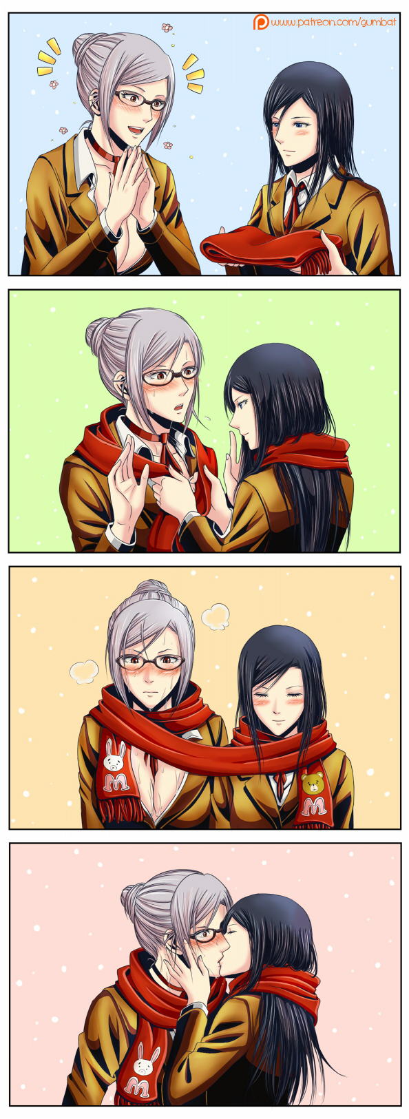 10s, 2girls, black_hair, blush, brown_eyes, glasses, gumbat, hair_bun, highres, kiss, kurihara_mari_(prison_school), multiple_girls, prison_school, scarf, school_uniform, shared_clothes, shared_scarf, shiraki_meiko, silver_hair, single_hair_bun, sweat, yuri