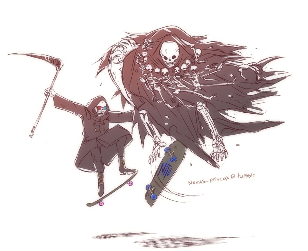 3d_glasses, blade, dark_souls_(series), dark_souls_i, death_(entity), fromsoftware, gravelord_nito, grim_reaper, grin, hood, let_it_die, no_humans, scythe, skateboard, skateboarding, skeleton, skull, smile, swag, sword, uncle_death, weapon