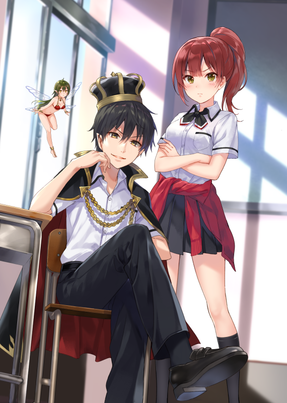 >:(, 1boy, 2girls, anklet, bikini, black_hair, bracelet, brown_hair, cape, chair, clothes_around_waist, cover, cover_page, desk, dress_shirt, fairy, fairy_wings, flying, frown, fukahire_(ruinon), green_hair, jewelry, kneehighs, koujou_akemi, light_frown, loafers, mashiro_ougi, mini_person, minigirl, multiple_girls, novel_cover, ore_wa_maou_de_shishunki_danshi!, pants, pleated_skirt, pointy_ears, ponytail, school_chair, school_desk, school_uniform, shirt, shoes, short_sleeves, shurin_(shishudan), sitting, skirt, socks, sweater, sweater_around_waist, swimsuit, v-shaped_eyebrows, window, wings