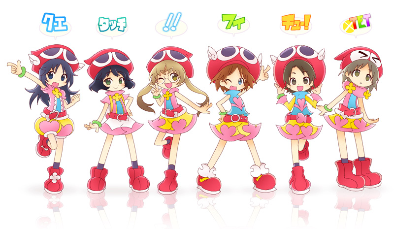 10s, 6+girls, alternate_costume, amitie_(puyopuyo), amitie_(puyopuyo)_(cosplay), belt, black_eyes, black_hair