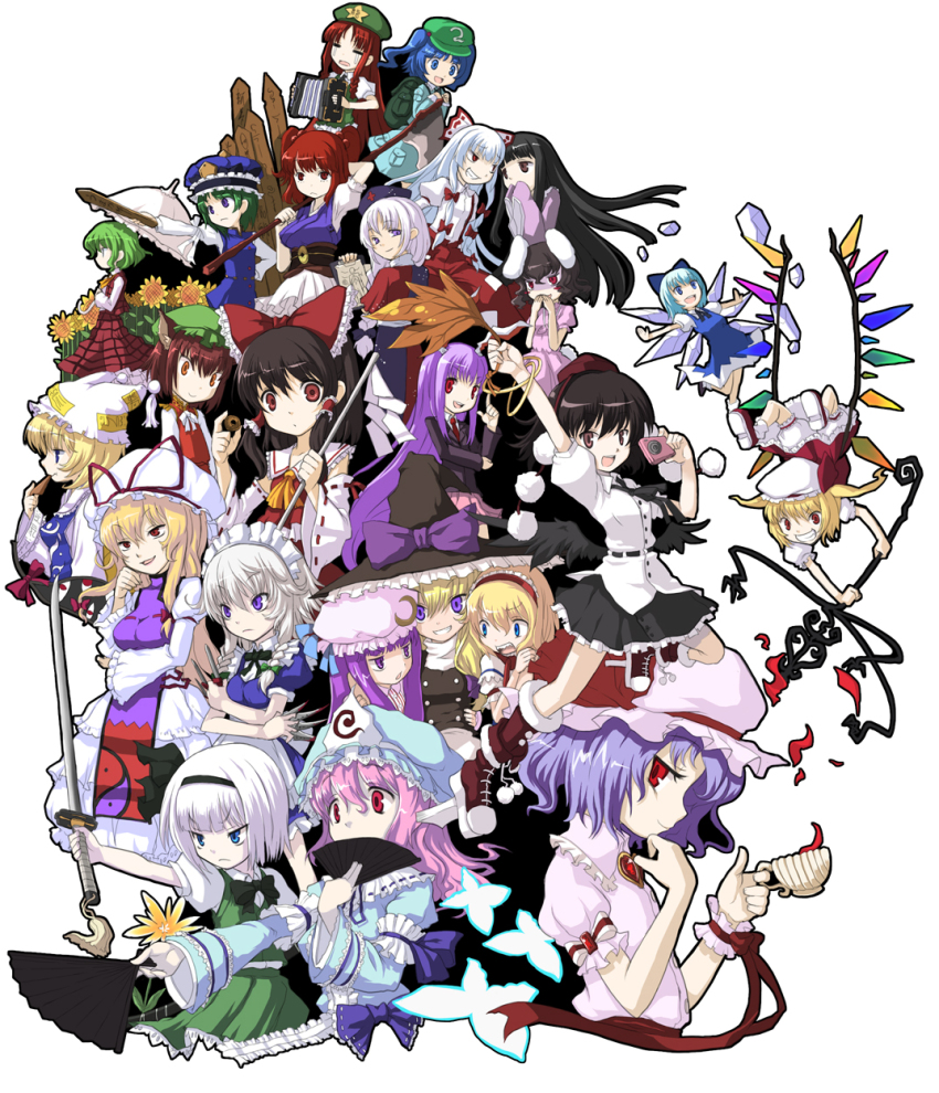 6+girls, :d, =_=, accordion, alice_margatroid, animal_ears, animal_hat, apron