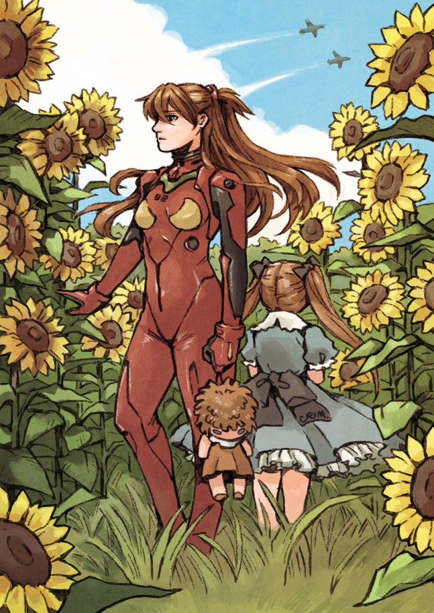 2girls, bodysuit, crimson_sun, doll, dual_persona, flower, highres, mecha_pilot_suit