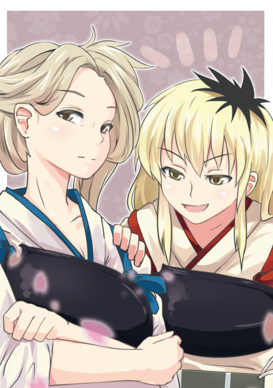 2girls, akagi_(kancolle), akagi_(kancolle)_(cosplay), black_hair, blonde_hair, breasts, brown_eyes, cleavage