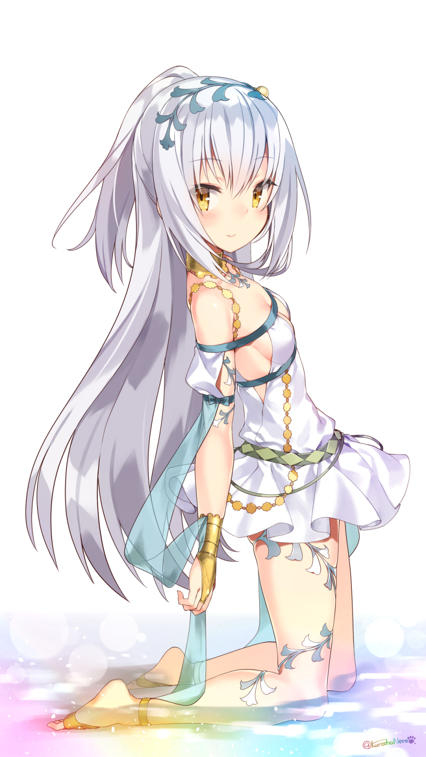1girl, anklet, barefoot, belt, breasts, bridal_gauntlets, choker, cleavage