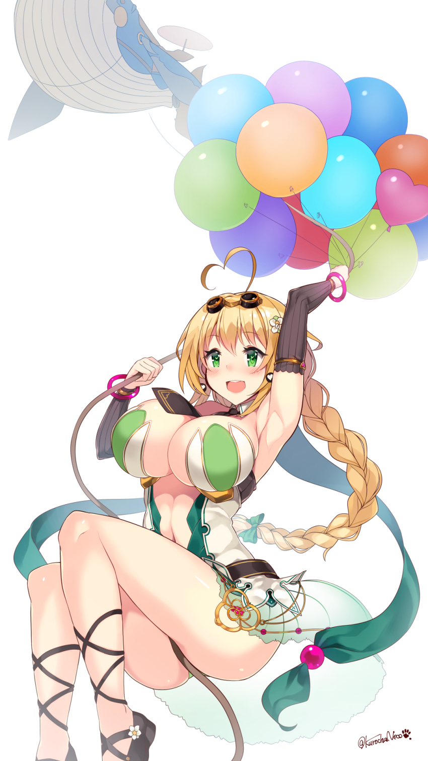 1girl, :d, ahoge, arm_up, armpits, balloon, balloon_vine_(flower_knight_girl), bangle