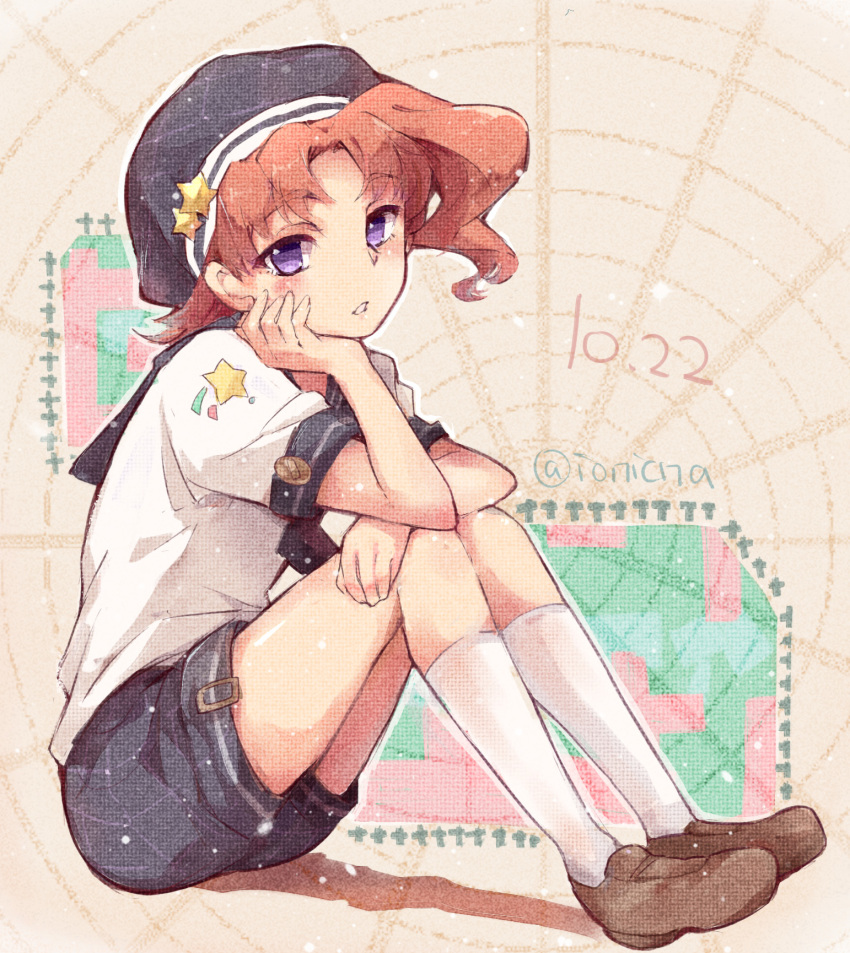 1boy, dated, from_side, full_body, head_rest, highres, jojo_no_kimyou_na_bouken, kakyoin_noriaki, looking_at_viewer, male_focus, pink_hair, purple_eyes, sailor_collar, short_shorts, shorts, socks, solo, star_(symbol), touming_renjian, aged_down