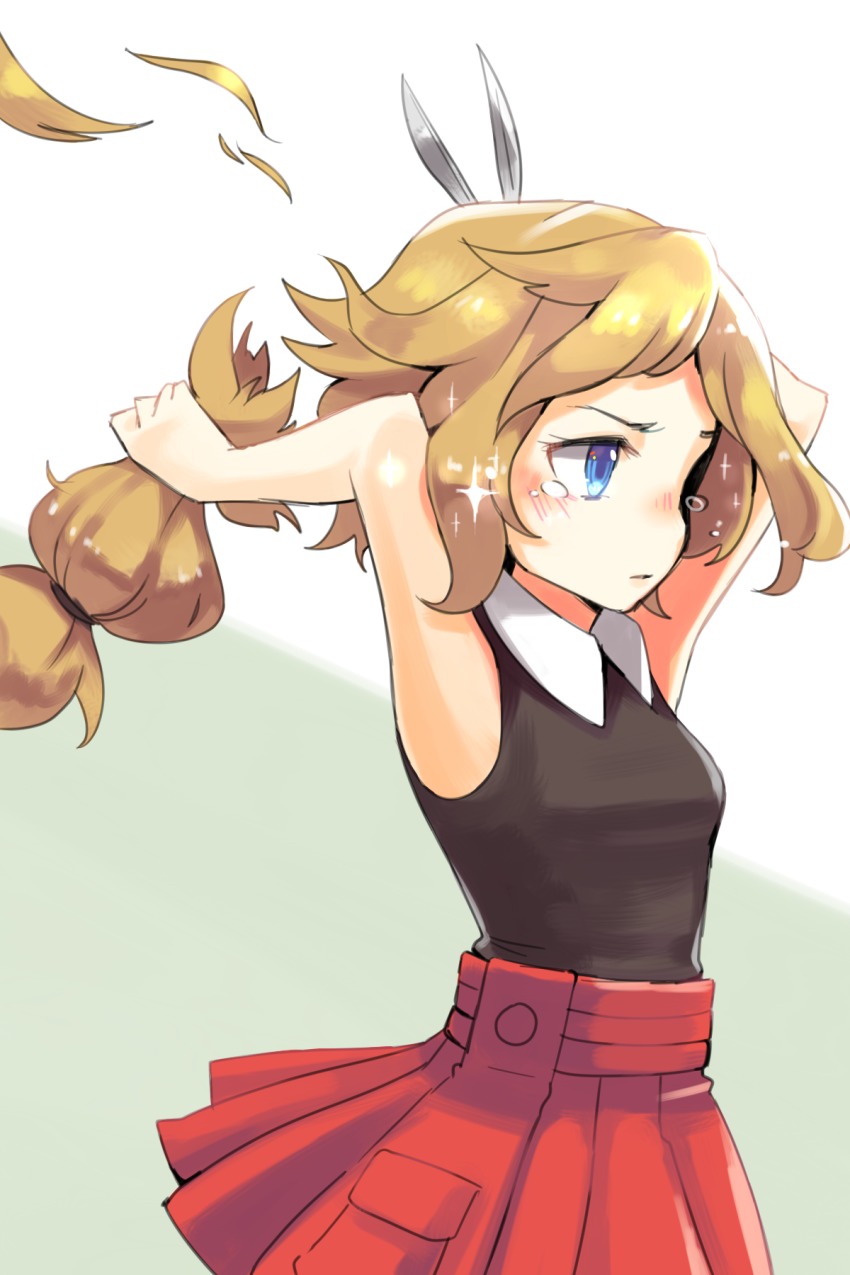 1girl, armpits, blue_eyes, blush, breasts, brown_hair, cutting_hair, female_focus, hat, highres, joy_kim, long_hair, low-tied_long_hair, nintendo, pokemon, pokemon_(anime), pokemon_x_and_y, scissors, serena_(pokemon), skirt, solo, tears