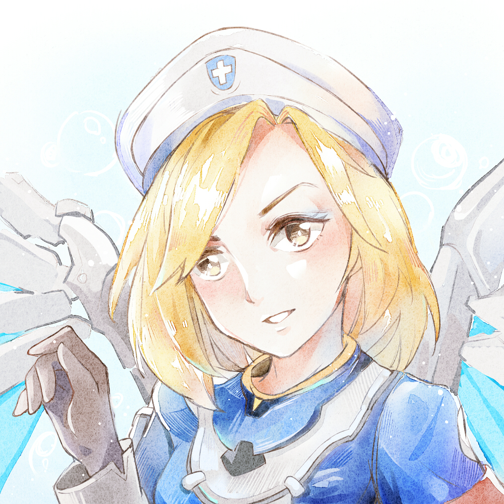 1girl, alternate_hairstyle, armband, blonde_hair, blush, combat_medic_ziegler, female_focus, gloves