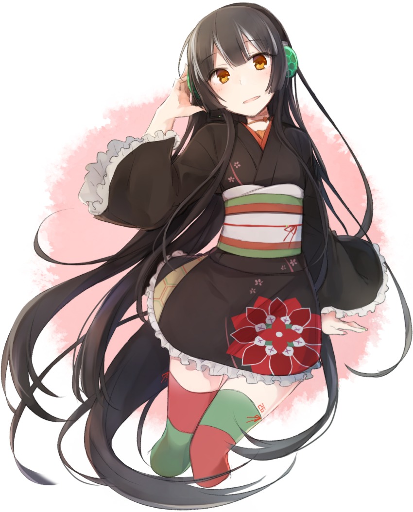 1girl, asymmetrical_legwear, black_hair, black_kimono, brown_eyes, cropped_legs, female_focus, floral_print