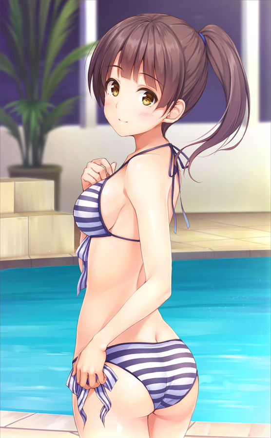 1girl, ass, bad_id, bad_pixiv_id, bikini, blurry, blush, breasts
