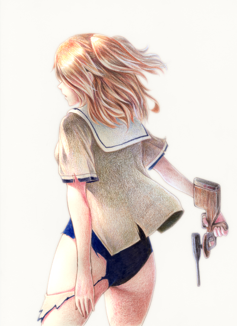 10s, 1girl, from_behind, female_focus, gun, hidden_eyes, highres, i-26_(kancolle)