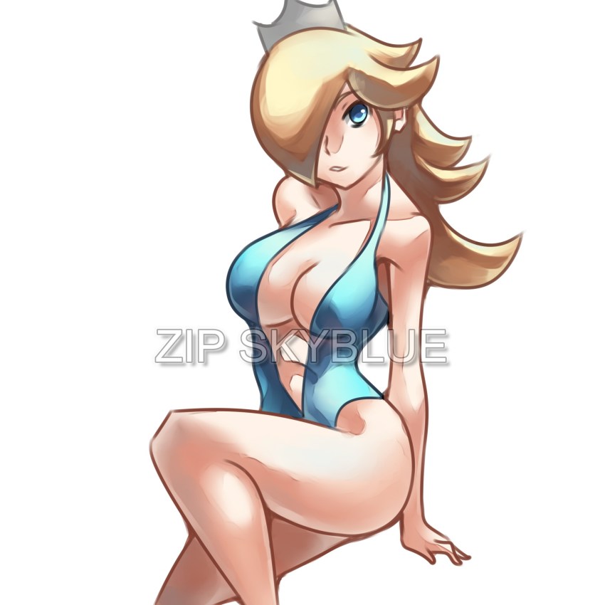 1girl, bare_shoulders, blonde_hair, blue_eyes, breasts, crown, female_focus, hair_over_one_eye, highres, large_breasts, long_hair, mario_(series), navel, nintendo, rosalina, solo, super_mario_galaxy, swimsuit, white_background, zipskyblue