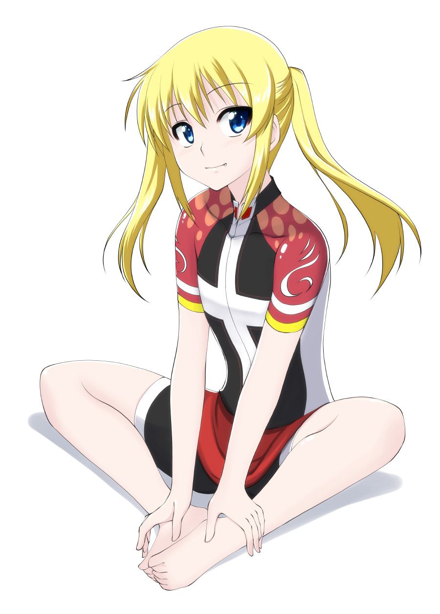 10s, 1girl, bare_legs, barefoot, bike_jersey, bike_shorts, black_shorts, blonde_hair