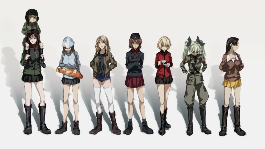 10s, 6+girls, anchovy_(girls_und_panzer), ankle_boots, anzio_military_uniform, arms_behind_back, asymmetrical_bangs, bad_id, bad_pixiv_id, belt, black_footwear, black_hair, black_hat, black_jacket, black_legwear, black_necktie, black_ribbon, black_shirt, black_skirt, black_vest, blonde_hair, blue_eyes, blue_footwear, blue_hat, blue_jacket, blue_shorts, blue_skirt, boots, brown_eyes, brown_hair, brown_jacket, carrying, chi-hatan_military_uniform, commentary, crossed_arms, cup, darjeeling_(girls_und_panzer), denim, denim_shorts, dress_shirt, emblem, epaulettes, full_body, garrison_cap, ghost_in_the_shell, ghost_in_the_shell_lineup, ghost_in_the_shell:_stand_alone_complex, girls_und_panzer, green_jacket, grey_jacket, grey_pants, hair_ribbon, hands_in_pockets, hands_on_own_hips, hat, helmet, highres, holding, instrument, jacket, kantele, katyusha_(girls_und_panzer), kay_(girls_und_panzer), keizoku_military_uniform, knee_boots, kuromorimine_military_uniform, long_hair, long_sleeves, looking_at_viewer, mika_(girls_und_panzer), military, military_hat, military_uniform, miniskirt, multiple_girls, necktie, nishi_kinuyo, nishizumi_maho, nonna_(girls_und_panzer), odd_one_out, pants, pleated_skirt, pravda_military_uniform, raglan_sleeves, red_jacket, red_shirt, red_skirt, ribbon, saucer, saunders_military_uniform, school_uniform, seven_(seven8xxx), shadow, shirt, short_hair, short_jumpsuit, short_shorts, shorts, shoulder_belt, shoulder_carry, skirt, socks, st._gloriana's_military_uniform, standing, star_(symbol), swept_bangs, tank_helmet, teacup, thighhighs, track_jacket, trait_connection, tulip_hat, turtleneck, vest, white_legwear, yellow_skirt