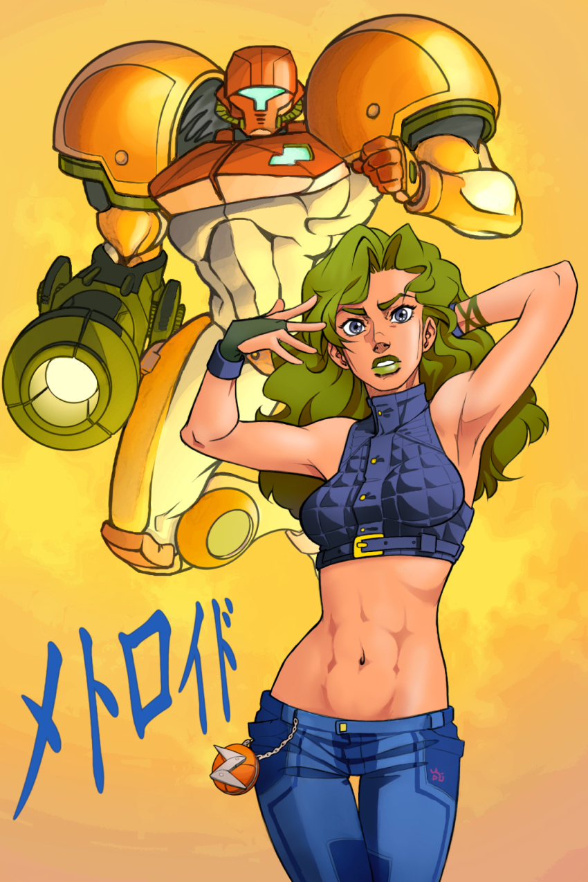 1girl, araki_hirohiko_(style), cosplay, crossover, eyelashes, female_focus, guilhermerm, highres