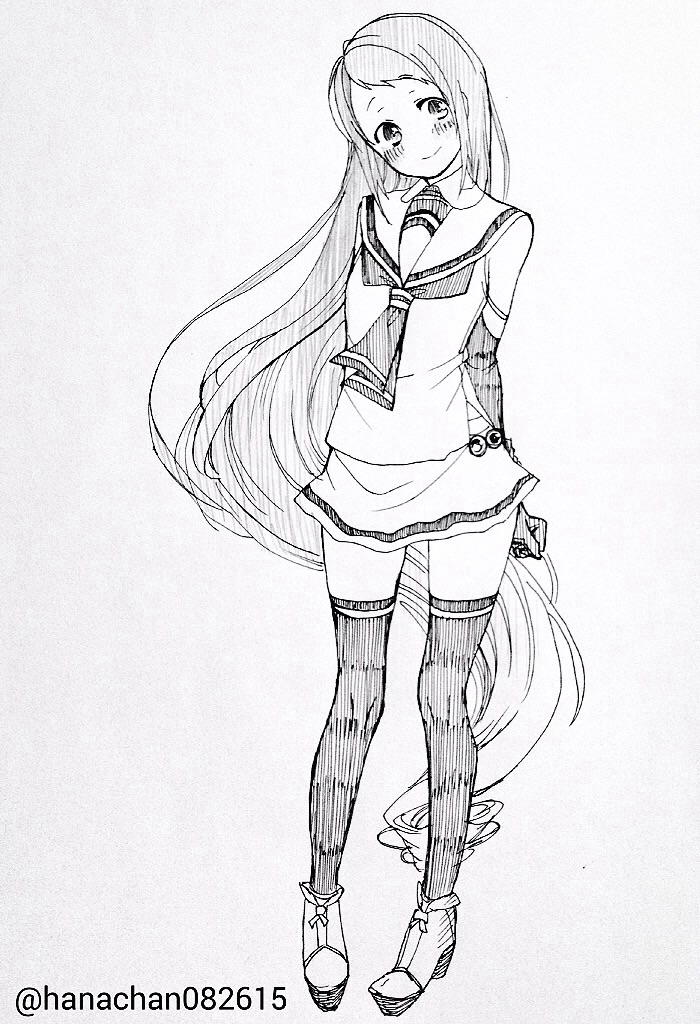 10s, 1girl, arms_behind_back, female_focus, full_body, gloves, greyscale, hanada_no_kiwami