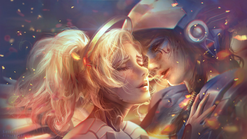 2girls, artist_name, black_hair, blonde_hair, brown_eyes, dark-skinned_female, dark_skin, deviantart_username