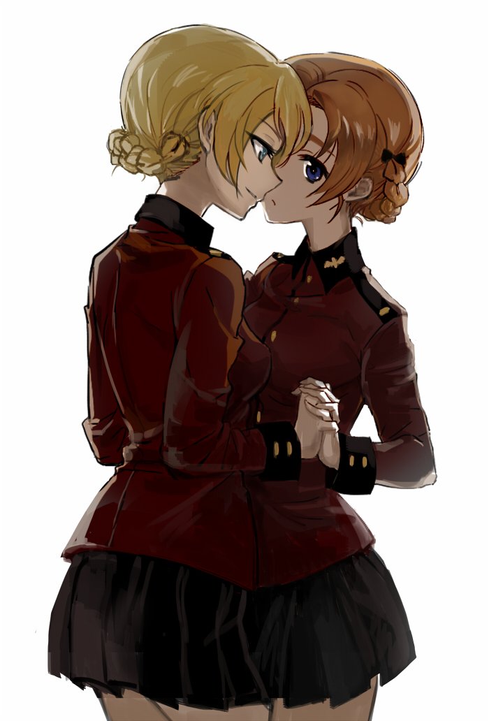 10s, 2girls, aqua_eyes, black_skirt, blonde_hair, blue_eyes, braid, breast_press