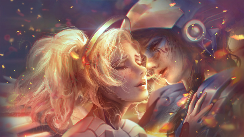 2girls, black_hair, blonde_hair, brown_eyes, commentary, dark-skinned_female, dark_skin, eye_of_horus