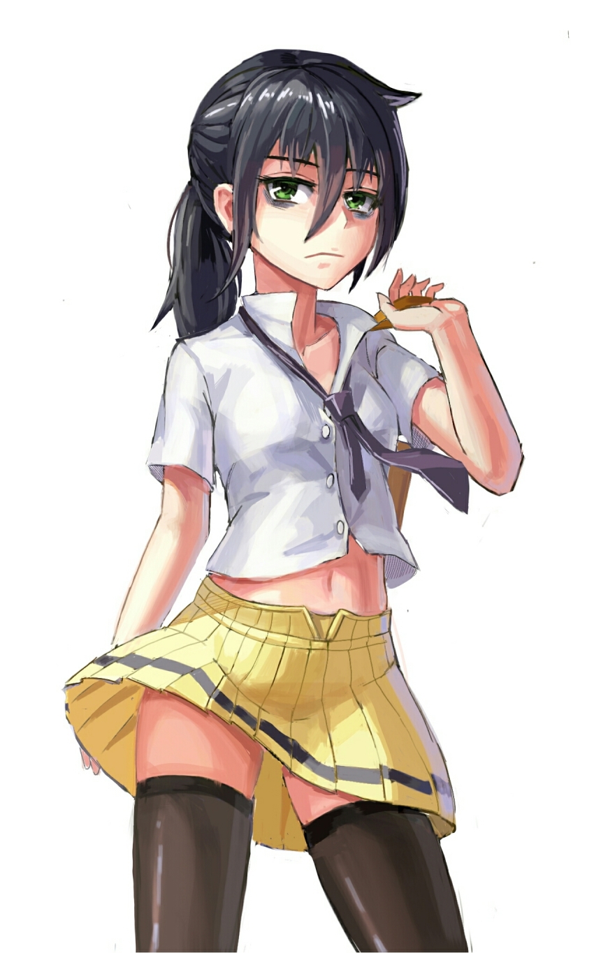 10s, 1girl, alternate_legwear, bags_under_eyes, black_hair, breasts, collarbone, contrapposto