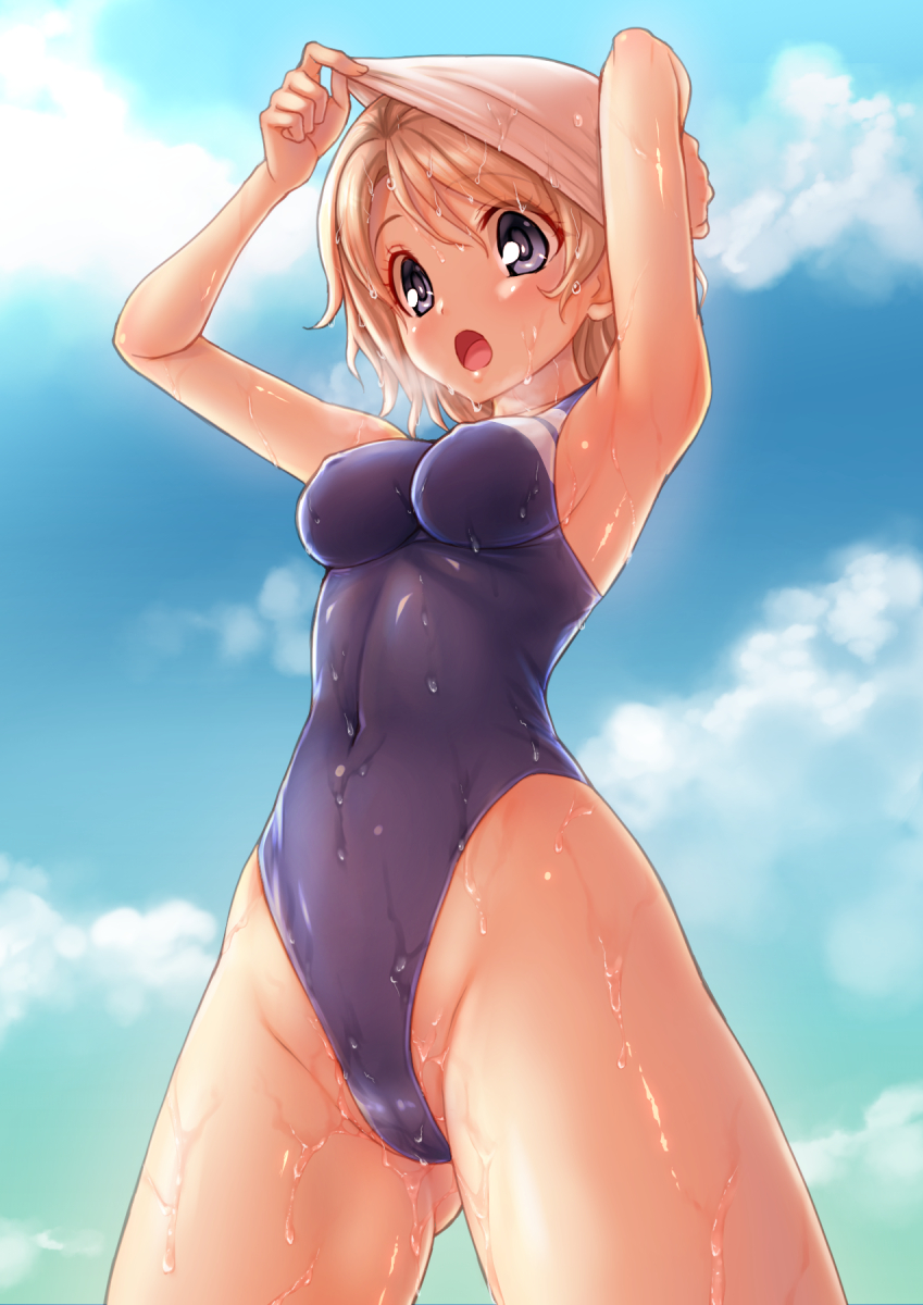 10s, 1girl, blue_eyes, blue_one-piece_swimsuit, breath, cloud, competition_swimsuit, covered_navel