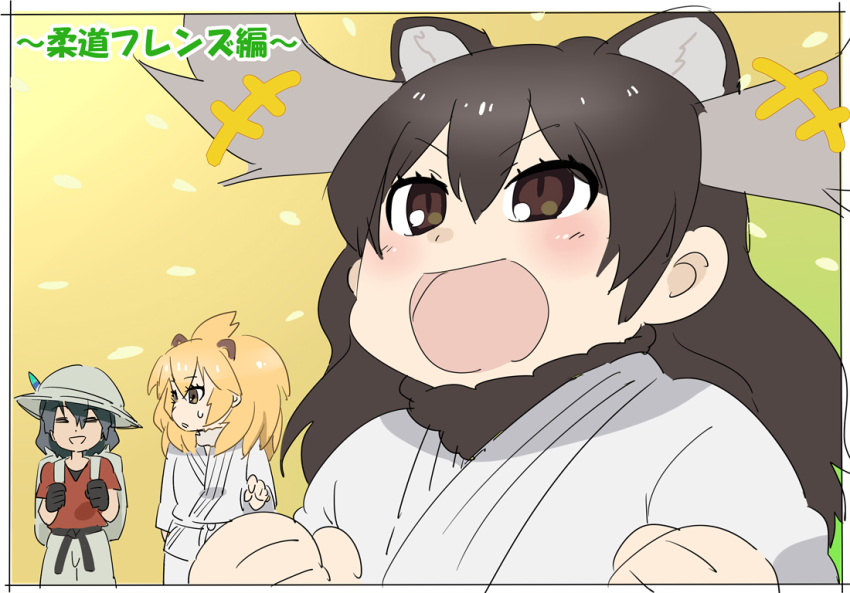 10s, 3girls, animal_ears, antlers, bag, black_hair, blonde_hair, brown_eyes