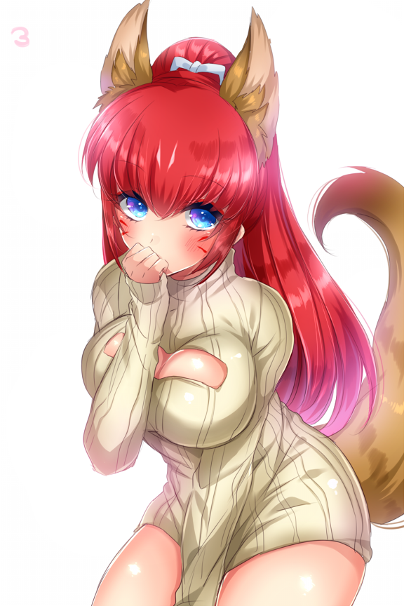 10s, 1girl, animal_ears, beige_sweater, between_legs, blue_eyes, blush, breasts, covering_own_mouth, facial_mark, female_focus, fox_ears, hand_between_legs, impossible_clothes, impossible_sweater, kamemura_koryu/yukina, leaning_forward, long_hair, long_sleeves, looking_at_viewer, medium_breasts, open-chest_sweater, ponytail, red_hair, ribbed_sweater, rin_(show_by_rock!!), show_by_rock!!, simple_background, sleeves_past_wrists, solo, sweater, turtleneck, turtleneck_sweater, whisker_markings, white_background