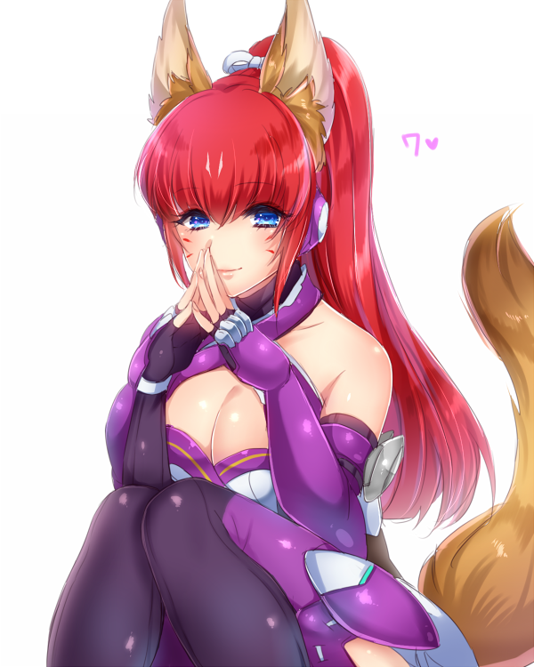 10s, 1girl, animal_ears, bare_shoulders, blue_eyes, blush, breasts, closed_mouth, criss-cross_halter, facial_mark, female_focus, fox_ears, fox_tail, halterneck, heart, kamemura_koryu/yukina, knees_together_feet_apart, light_smile, long_hair, medium_breasts, ponytail, red_hair, rin_(show_by_rock!!), show_by_rock!!, simple_background, sitting, solo, steepled_fingers, tail, whisker_markings, white_background