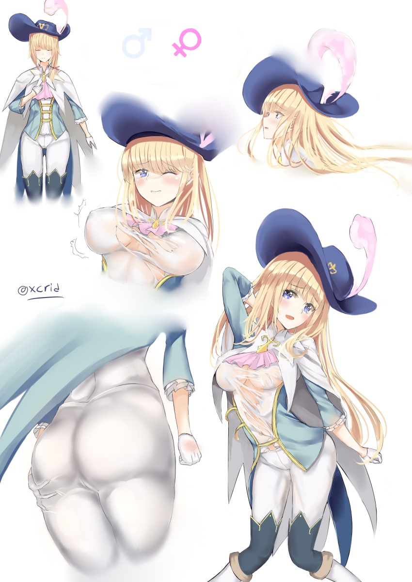 absurdres, androgynous, ass, blonde_hair, blue_eyes, blue_hat, breasts, cape, chevalier_d'eon_(fate), dual_persona, fate/grand_order, fate_(series), feathers, frilled_sleeves, frills, gender_request, genderswap, genderswap_(mtf), gloves, grabbing_own_ass, half_gloves, hat, hat_feather, highres, i.f.s.f, long_hair, mars_symbol, multiple_views, pantyhose, pink_feather, pink_feathers, ponytail, short_hair, simple_background, tears, torn_clothes, venus_symbol, white_background, white_gloves, white_legwear, wince