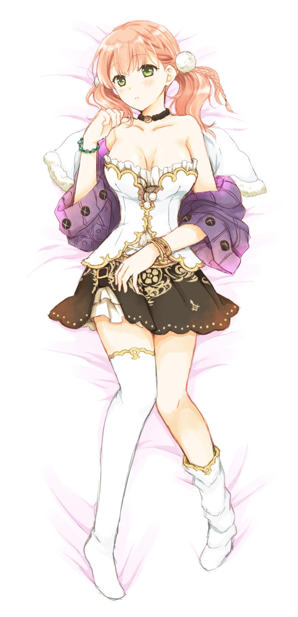 10s, 1girl, atelier_(series), atelier_escha_&amp;_logy, bed_sheet, black_skirt, bracelet, breasts, choker, cleavage, dakimakura_(medium), escha_malier, female_focus, full_body, green_eyes, highres, jewelry, pink_hair, pom_pom_(clothes), revision, short_hair, skirt, solo, thighhighs, twintails, white_thighhighs, yashuu_tooya