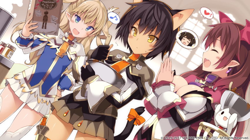 3girls, :<, animal_ears, baking, black_hair, blonde_hair, blue_eyes, blush