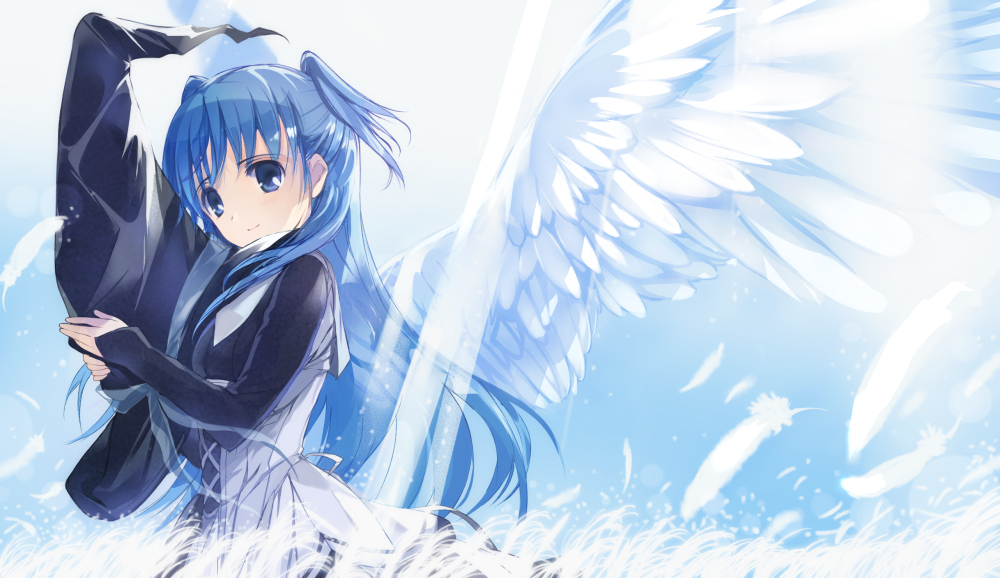 1girl, angel_wings, blue_eyes, blue_hair, chtholly_nota_seniorious, dress, feathered_wings, feathers, female_focus, from_side, hat, holding, holding_unworn_clothes, holding_unworn_hat, light_smile, long_hair, long_sleeves, looking_at_viewer, shuumatsu_nani_shitemasu_ka?, solo, two_side_up, ue_(ueueyokoyoko2), unworn_hat, unworn_headwear, very_long_hair, wings, witch_hat