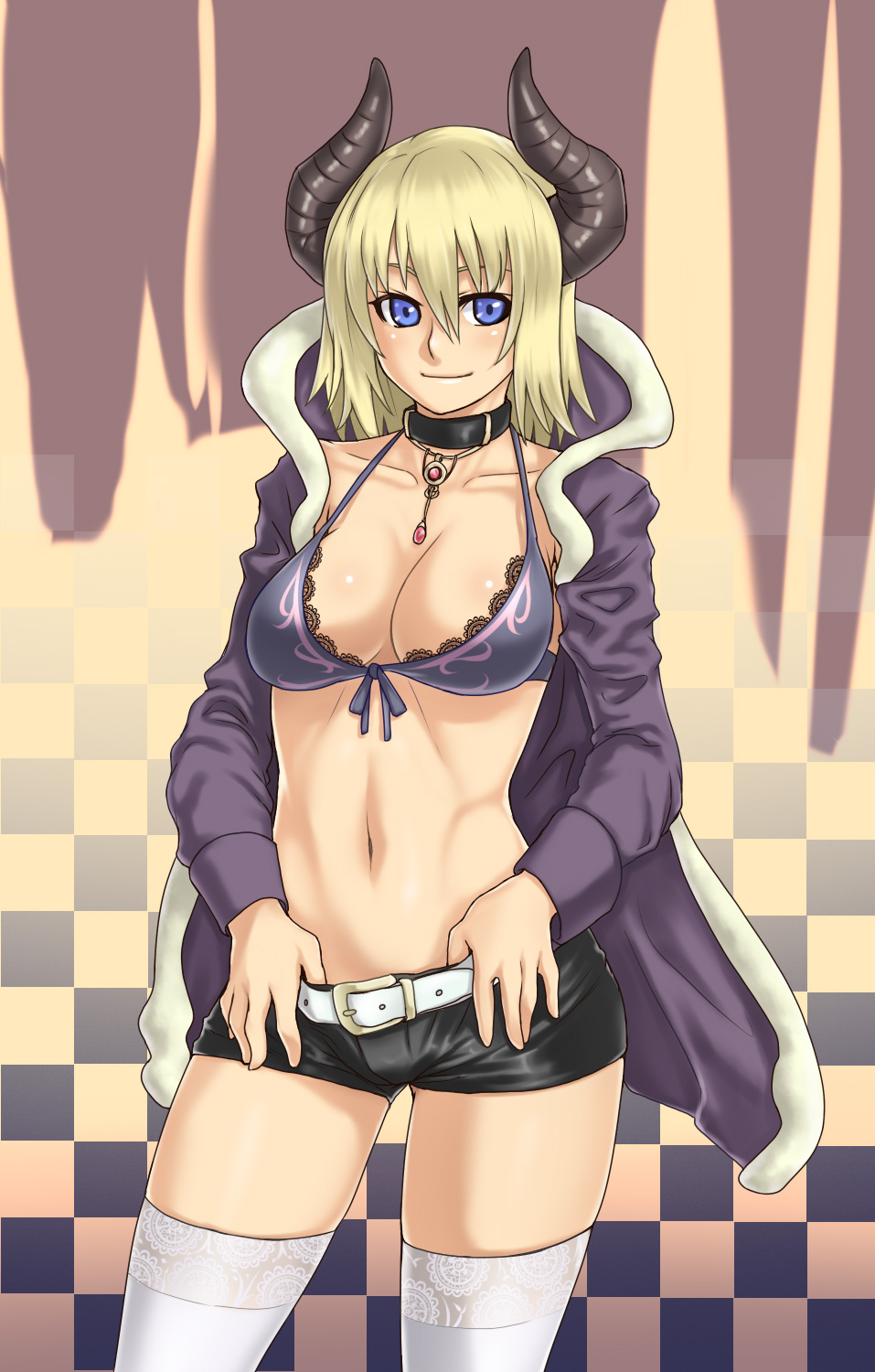 1girl, bikini, blonde_hair, blue_eyes, bra, breasts, checkered_clothes, checkered_legwear, choker, cleavage, collar, female_focus, front-tie_top, highres, horns, hou_takashi_ji, houtengeki, jewelry, lace, lace-trimmed_legwear, lace_trim, large_breasts, navel, necklace, original, short_shorts, shorts, solo, swimsuit, thighhighs, underwear, white_thighhighs