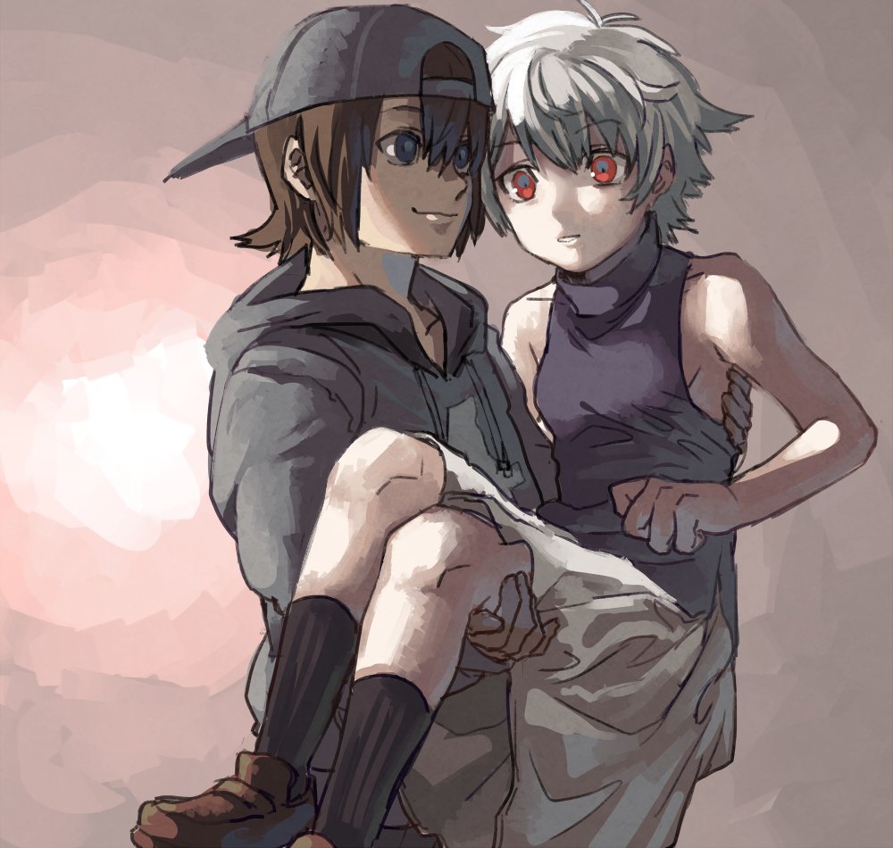 .flow, 1boy, 1girl, bad_id, bad_pixiv_id, breasts, sabitsuki, short_hair