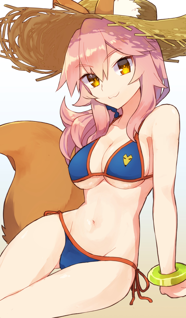 1girl, :3, agsen, animal_ears, arm_support, bikini, blue_bikini, bracelet