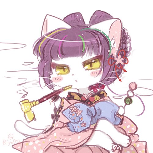 10s, artist_request, blunt_bangs, cat, chibi, darudayu_(myumon)_(show_by_rock!!), darudayu_(show_by_rock!!), furry, hair_streaks, japanese_clothes, kimono, lowres, multicolored_hair, purple_hair, show_by_rock!!, smoking_pipe, yellow_eyes