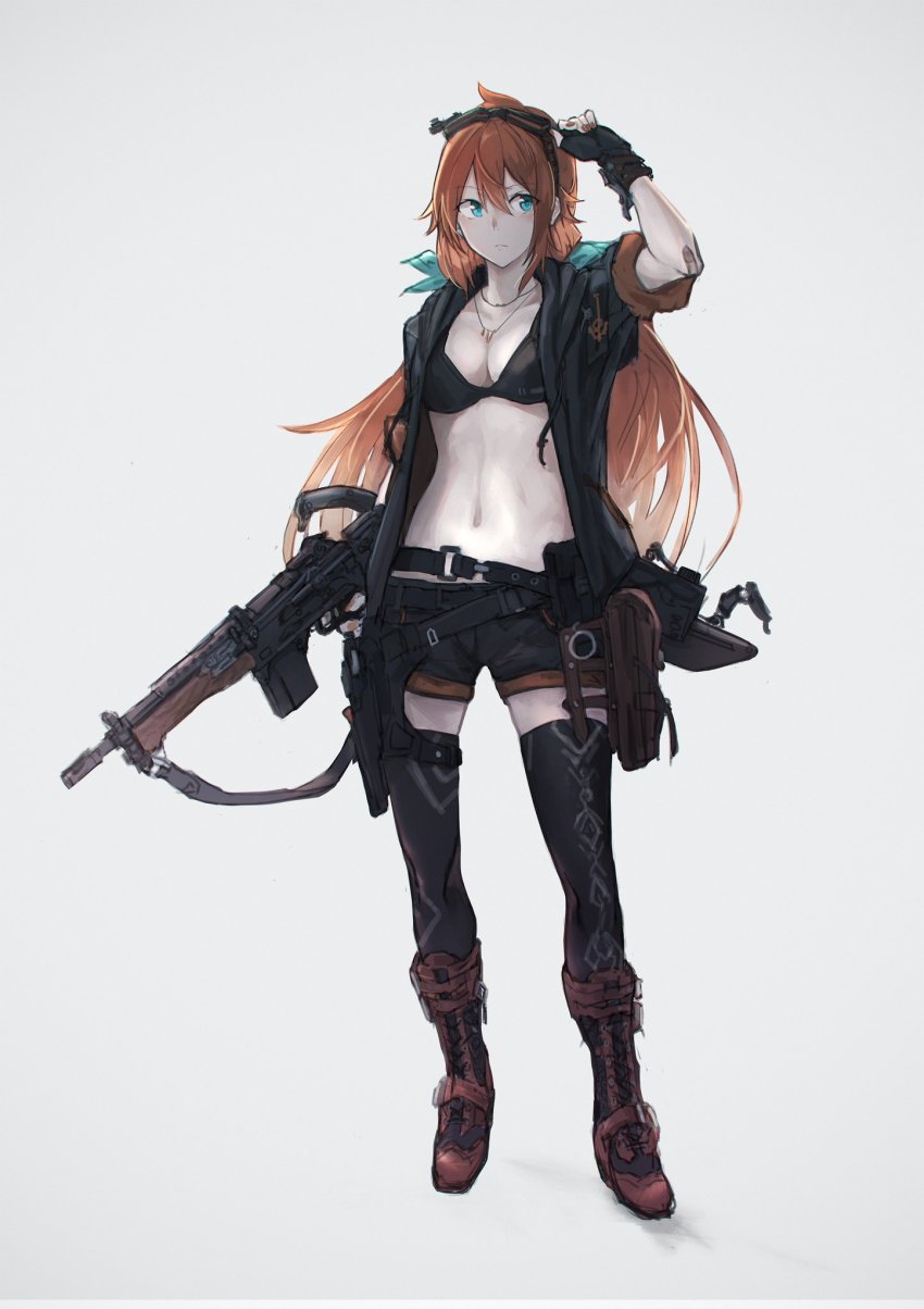 1girl, ahoge, amano_tora, bandages, bikini, blue_eyes, boots, female_focus