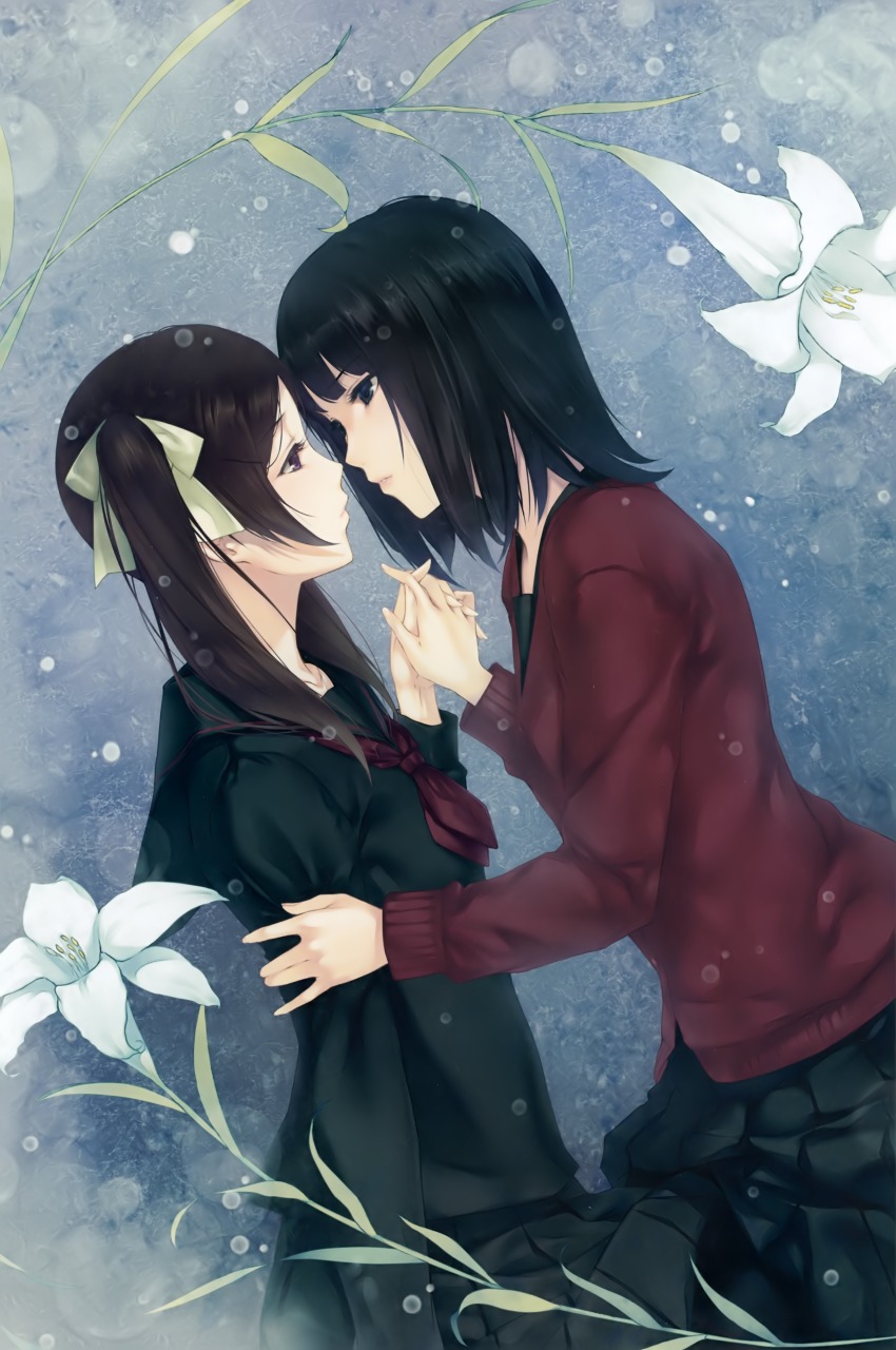2girls, absurdres, black_eyes, black_hair, black_serafuku, black_skirt, blush, brown_hair, cardigan, closed_mouth, couple, eye_contact, face-to-face, female_focus, flower, green_ribbon, hair_ribbon, highres, hinagami_karen, holding_hands, imminent_kiss, interlocked_fingers, kara_no_shoujo_2, lily_(flower), long_sleeves, looking_at_another, medium_hair, multiple_girls, neck, neckerchief, parted_lips, pleated_skirt, purple_eyes, red_neckerchief, ribbon, school_uniform, serafuku, short_hair, skirt, sugina_miki, takamiya_meguri, twintails, yuri