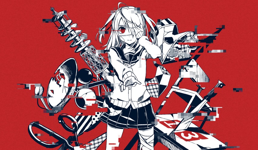 1girl, bandage_on_face, bandages, covering_one_eye, disappearance_addiction, eyepatch, female_focus, inaiinai_izonshou_(vocaloid), kairiki_bear, medical_eyepatch, nou_(nounknown), official_art, original, red_background, red_eyes, satellite_dish, school_uniform, scissors, serafuku, short_hair, solo, table, two_side_up, vocaloid