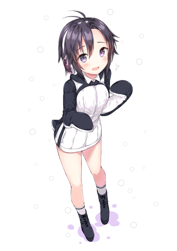 10s, 1girl, antenna_hair, black_hair, chitetan, cosplay, female_focus, foreshortening, full_body, headphones, humboldt_penguin_(kemono_friends), humboldt_penguin_(kemono_friends)_(cosplay), idolmaster, idolmaster_(classic), jacket, kemono_friends, kikuchi_makoto, looking_at_viewer, open_mouth, purple_eyes, short_hair, solo