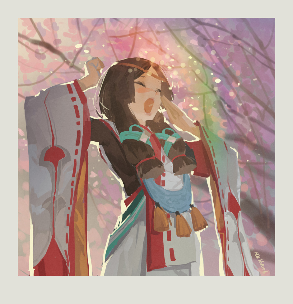 >_<, 1girl, border, closed_eyes, copyright_request, dated, detached_sleeves, female_focus, hjl, japanese_clothes, onmyoji, open_mouth, outdoors, sidelocks, solo, stretching, tao_hua_yao, white_border, wide_sleeves, yaobikuni_(onmyoji), yawning